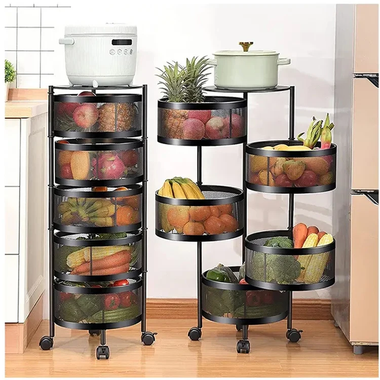 Kitchen Storage Rack 3/4/5 Tier Rack Rotatable Storage Vegetable Basket 360 Degree Rotating Baskets Rack With Wheels