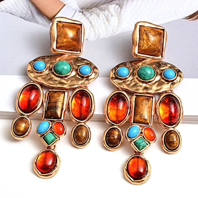 

Kaimei New Vintage Metal Colorful Stone Earrings Crystal Dangle Long Drop Earring Geometric Irregular Statement Jewelry Earrings, Many colors fyi