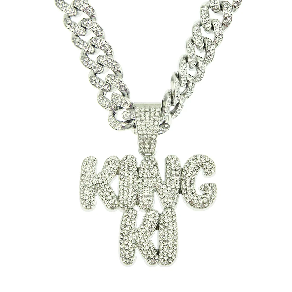 

European Trendy Hips Hops Rap Jewelry Letter Pendant Cuban Chain Necklace Bling Iced Miami Cuban Chain KING Necklace