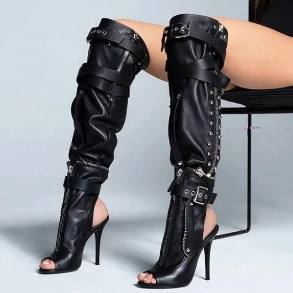 

Detachable Design Round Open Toe Thin Heel Women Over Knee High Boots Buckle Straps Women Long Booties Customized Big Size 47, Black