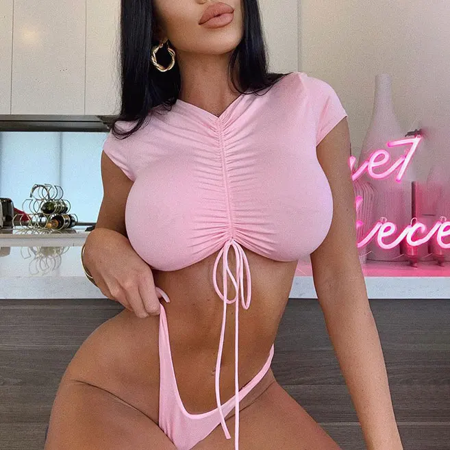 

FS2823A 2020 summer pink tank top women casual Slim Streetwear sexy ruched Crop Top