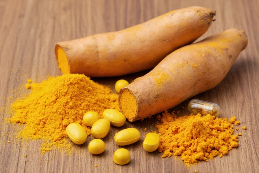 Turmeric root, golden powder, and curcumin capsules arranged on wooden background showing natural pain relief options