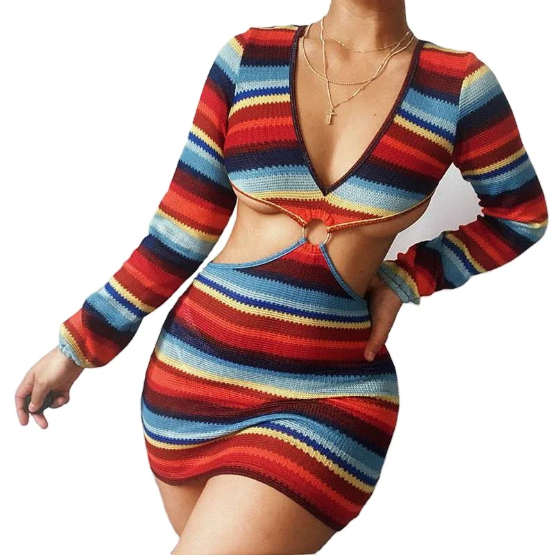 

trending products 2021 new arrivals women fall Striped mini dress Hollow Out sexy dress cocktail sweater dress