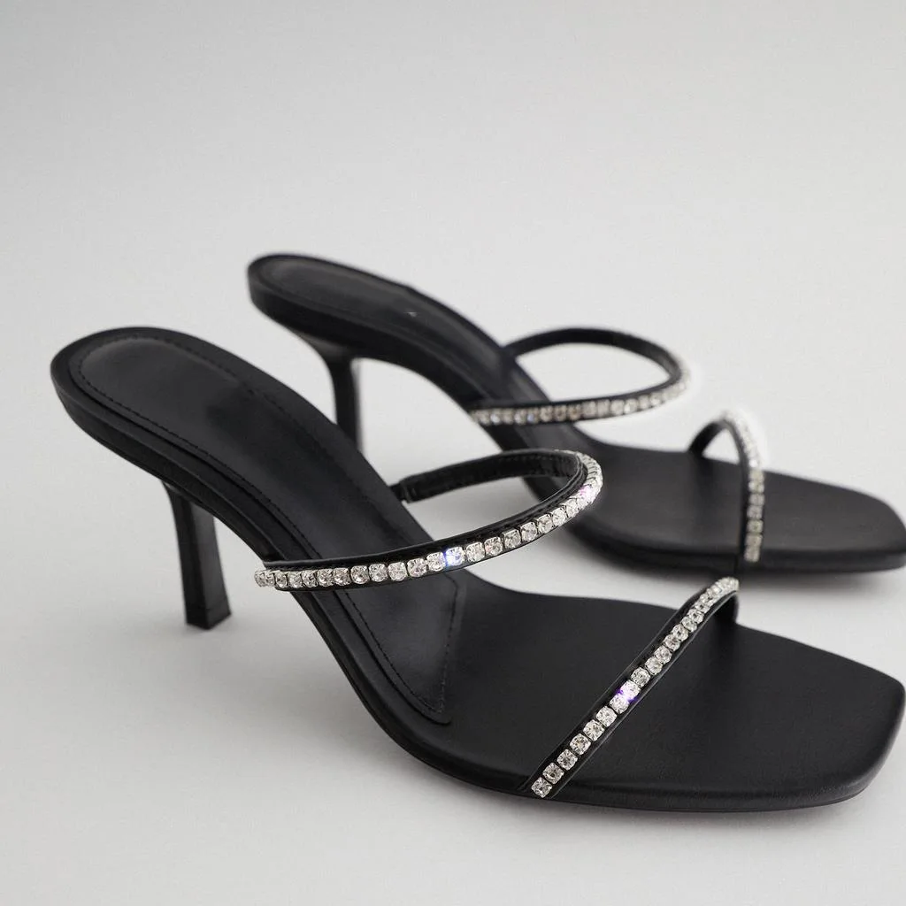 

Brand shoes women slipper sandal summer jewelled embellished double strap lady slides stiletto heel peep toe female mules