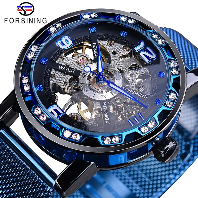 

Forsining Watch Men New Diamond Golden Skeleton Mechanical Watch Stainless Steel Mesh Luminous Hand Mens Watches Reloj Hombre, 7-colors