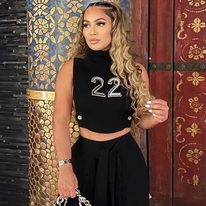 

S71202 - casual fashion sleeveless letter hollow out stand collar women crop top