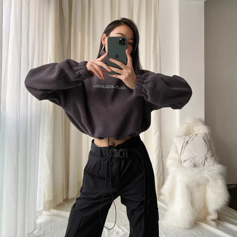 

2020 wholesale high quality streetwear sets womens clothing custom turtleneck oversized crop top hoodie