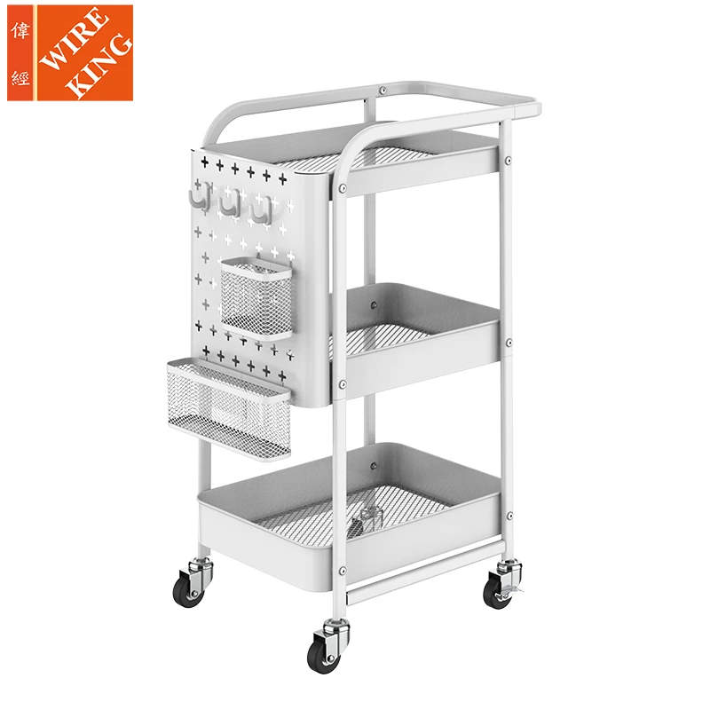 

3 Tier Mesh Basket Mobile Rolling Storage Rack Bathroom Utility Shelf Trolley with Pegboard Kitchen Cart with Wheels, Customized color