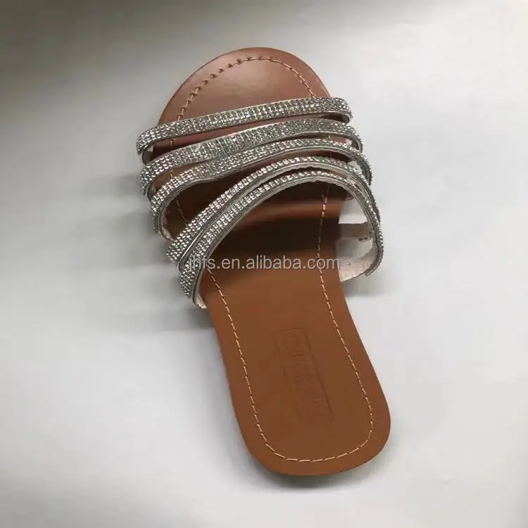 

J&H fashion cheap flats 2021 rhinestone strap slides slippers outdoor beach shoes, 2 colors as picture