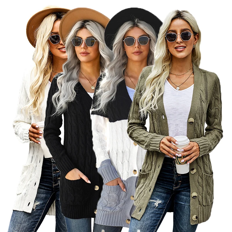 

Wholesale Femme Casual Clothing Women's Button Pocket Knit Long Cardigan Sweater Mujer