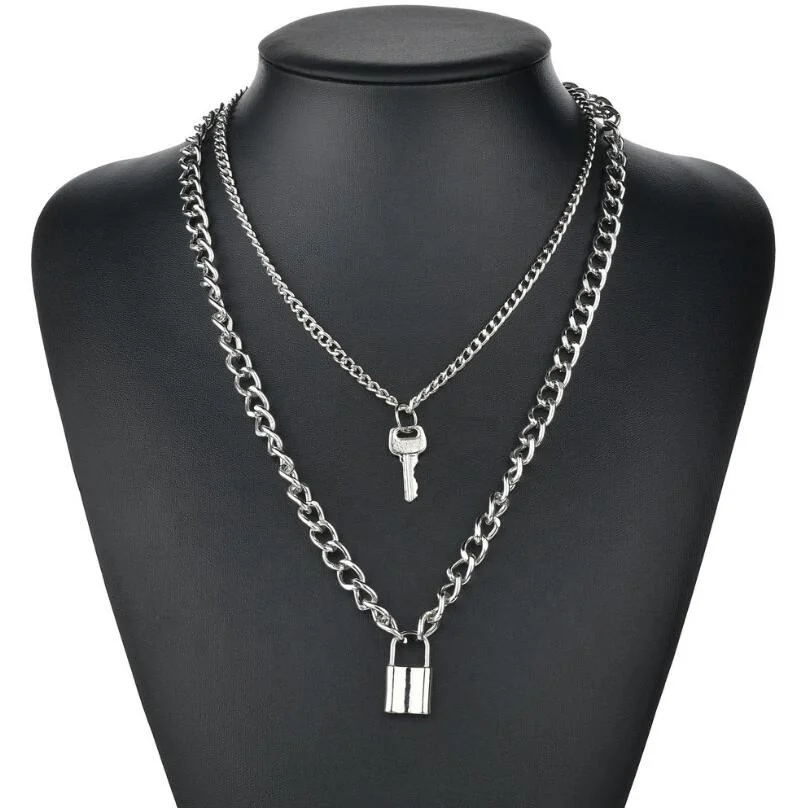 

New layered chains hiphop Punk Stainless Steel Padlock Necklace men rock heart Lock with key Necklaces for women