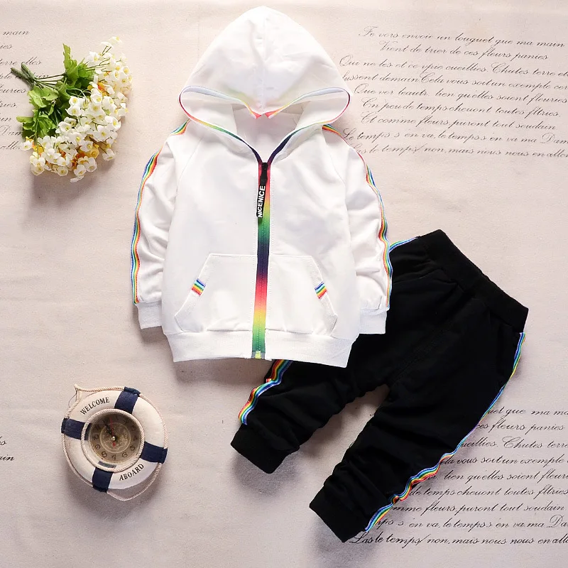 

2020 New Spring Autumn Sports Design 1-4 year old Baby Clothes Set 2pcs Rainbow zipper Long Sleeve Shirts +Pants, White black
