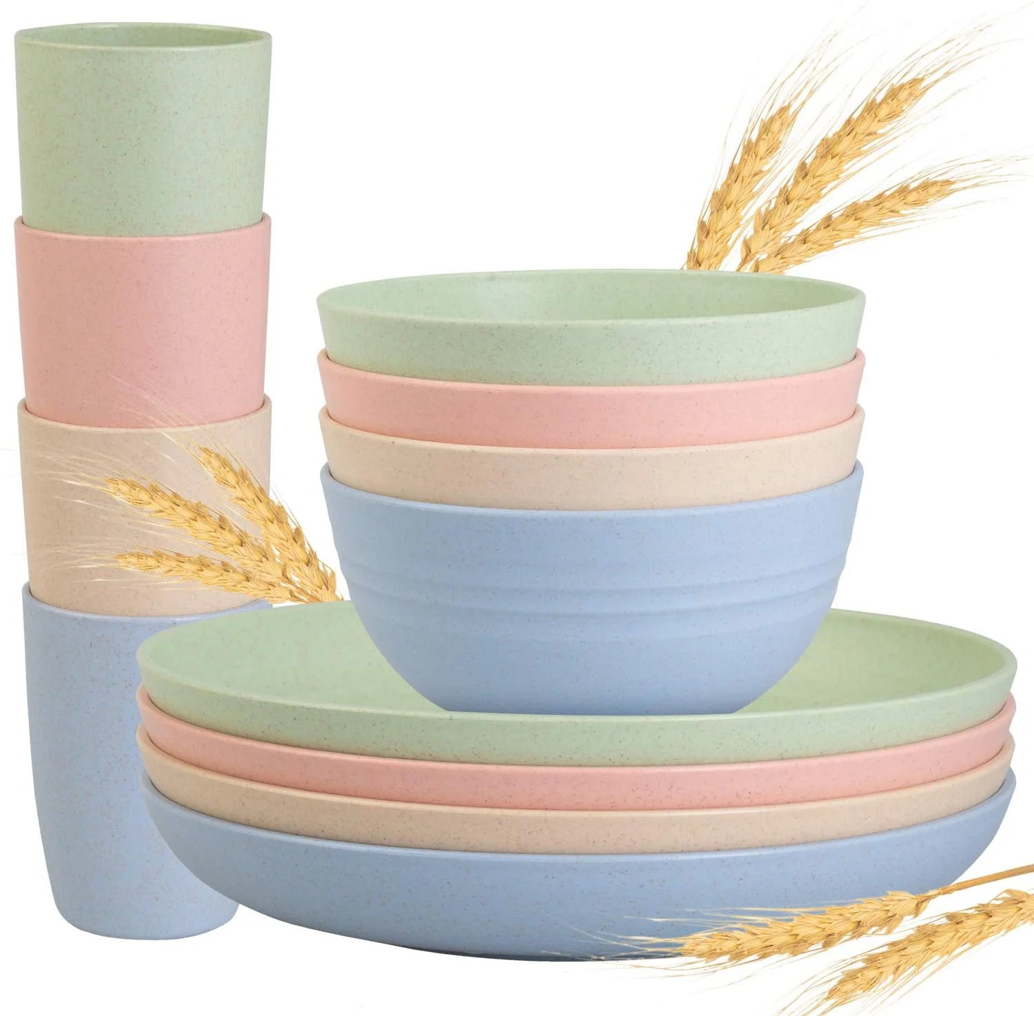 

Amazon Hot Sale Wheat Straw Tableware 12-Piece Set Japanese Style Outdoor Picnic Tableware Set dinnerware set, Blue pink green cream-colored