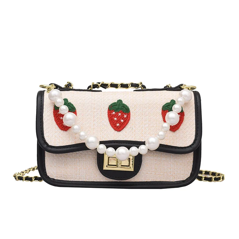 

Strawberry female summer 2021  girl pearl straw and leather single shoulder crossbody bag, 2 colors