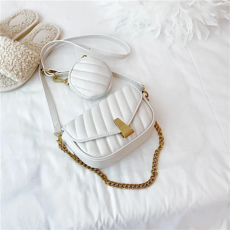 

2021 Fashion chain lock stripe single shoulder bag wholesale two in one bag set girls shopping phone handbags, 3 colors