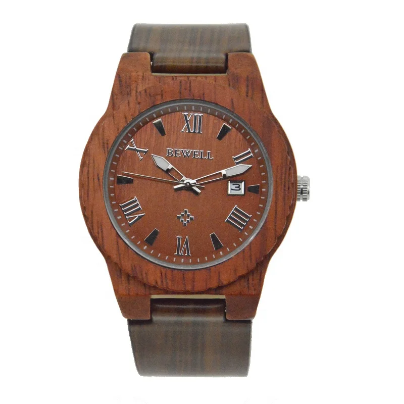 

Online wholesale wooden watch PU leather strap red sandal wood leather watches with auto date wristwatches