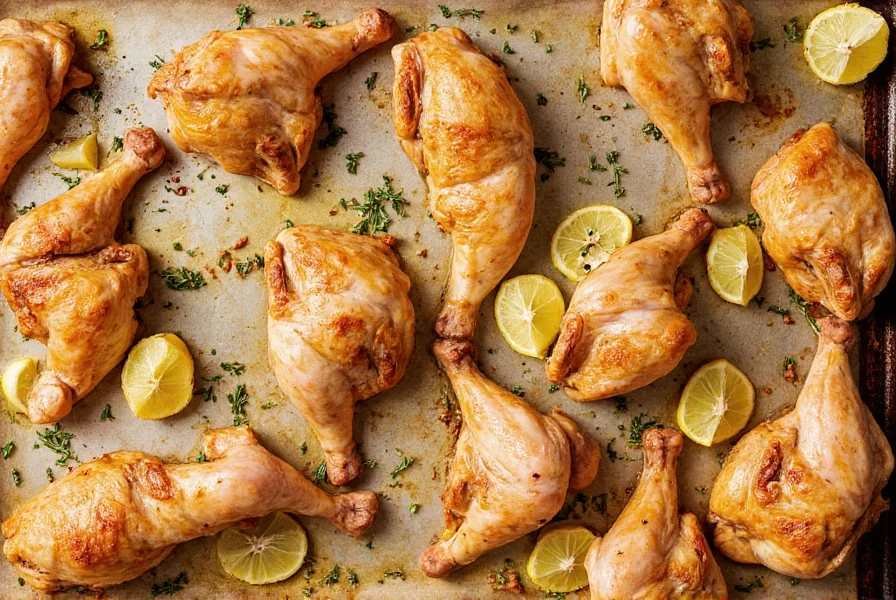 Bone-in chicken pieces arranged on baking sheet with lemon slices and fresh herbs, golden brown skin, professional food photography