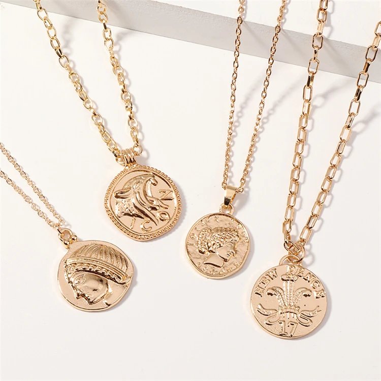 

Aimgal Jewelry Amazon hot sale retro punk style hip-hop Portrait pendant Adjustable Gold coin Necklace