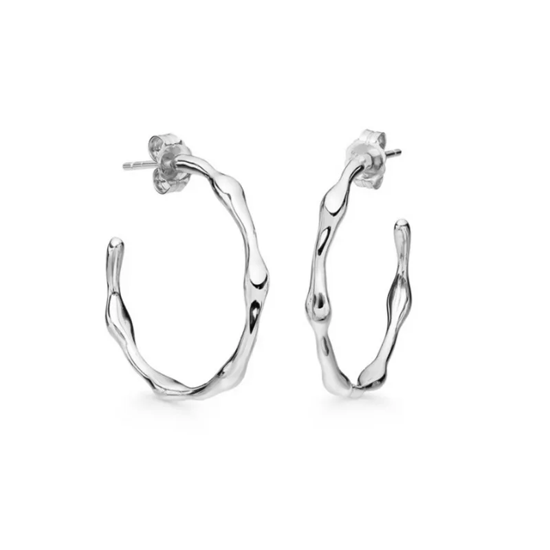

2022 minimalist daily wear 925 Silver big hoop earrings stud irregular curve surface bamboo design earring for women