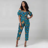 

African ethnic style wax batik floral print off shoulder puff sleeve high waist sexy nightclub loose fit casual jumpsuit