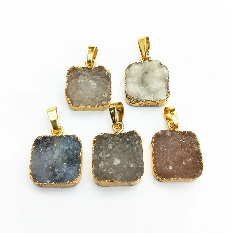 

Wholesale 15mm Square Druzy Pendants With Electroplated Gold Edge Drusy Geode Charms Dainty jewelry Supplies, Multi