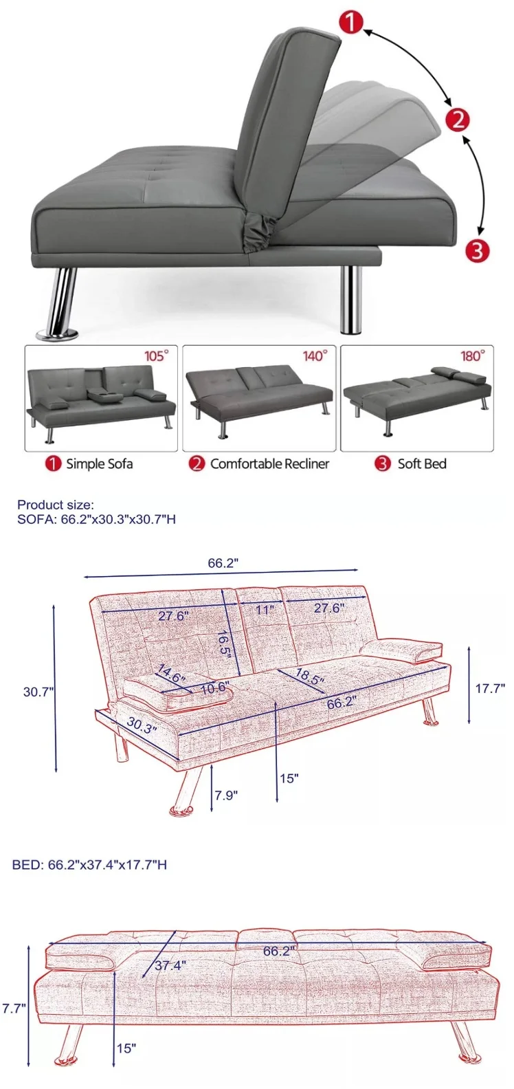 Modern Faux Leather Fabric Futon Sofa Bed Fold Up And Down Recliner Couch