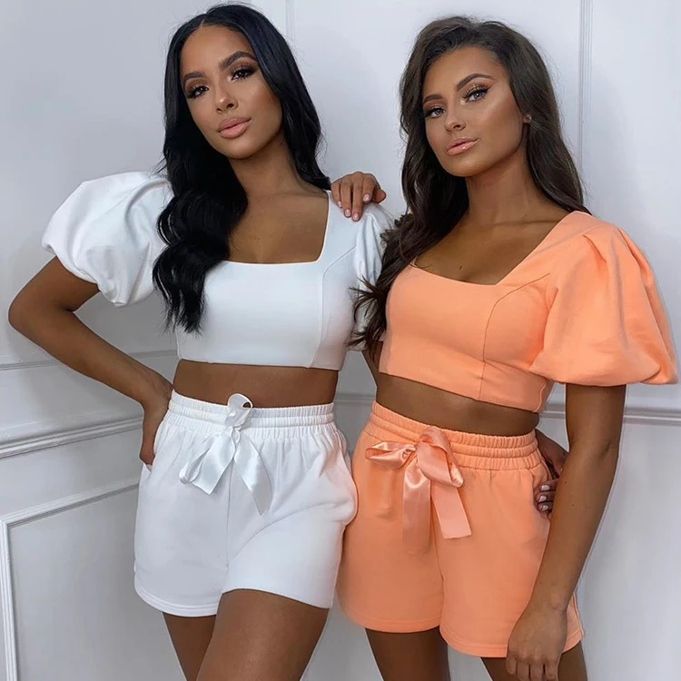 

Womens Loungewear Set Square Collar Short Puff Sleeve Crop Top Shorts Two Piece Set Summer Solid Color Casual Outfits