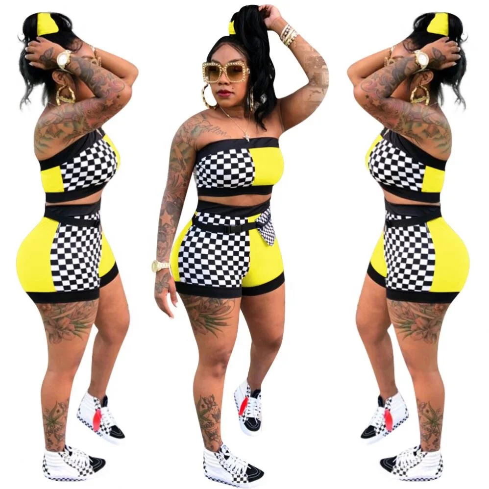 

Trendy Two Piece Track Suit Plaid Tube Top Set 2021 Yoga Leggings Sexy 2 Two Piece Women Summer Outfits Biker Shorts Pants Set