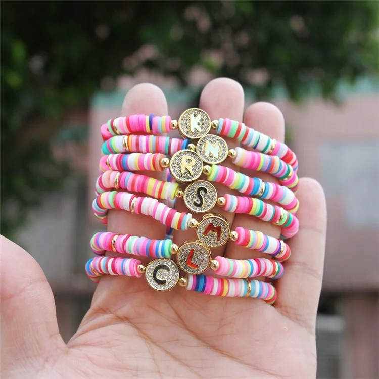 

New Handmade Boho letter Bracelet Femme Candy Color Polymer Clay Elastic Charm Bracelet