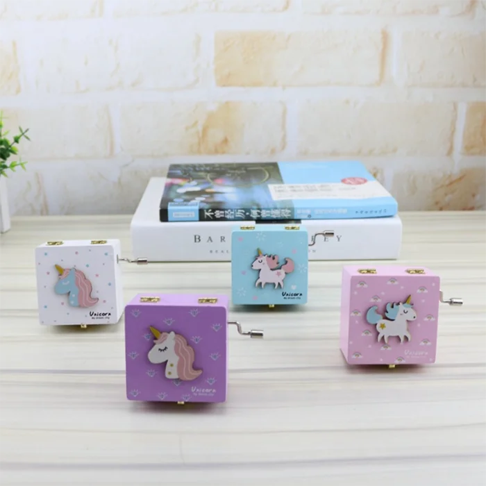 Image of Factory price fancy painted unicorn wooden hand crank music box for Birthday gift