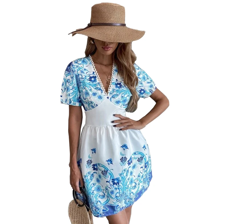 

Bohemian Lady Embroidery doll Printed deep V-neck Elegant Casual Summer Dresses