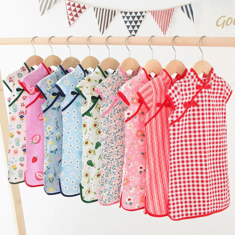 

2021 foreign trade 100% cotton Chinese style suit ethnic style middle and small children princess dress girls cheongsam