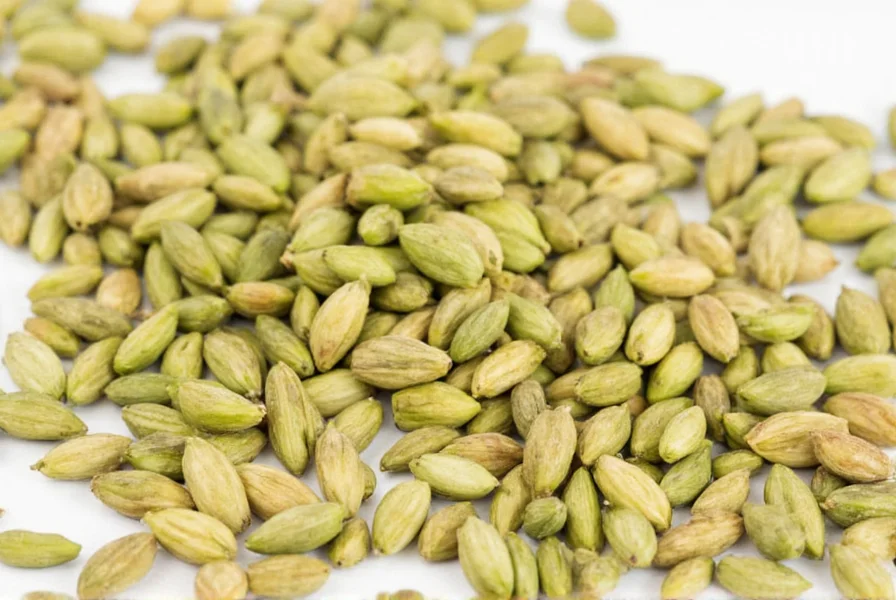 Close-up view of green cardamom pods with seeds spilled on wooden cutting board