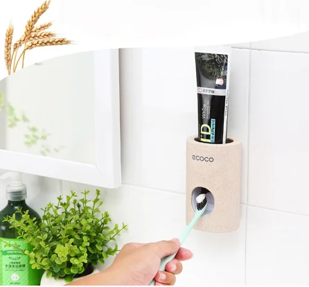 

Automatic Toothpaste Dispenser Dust-proof Toothbrush Holder Wheat straw Wall Mounted Toothpaste Squeezer For Bathroom
