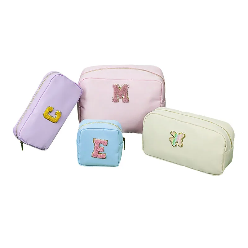 

Letter Patch Custom Travel Cosmetic Bag Personalized Nylon Pouch Toiletry Bag Chenille Patch Makeup Bag