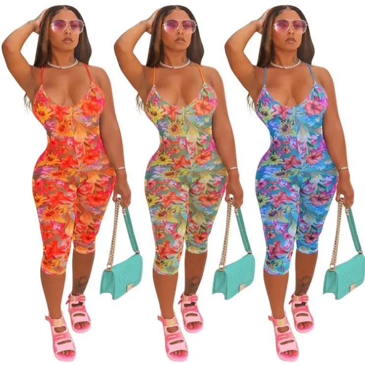 

MISSMOEN New Arrival Flower Print Spaghetti Strap Low-cut 2021 Woman Bodycon One Piece Jumpsuit And Rompers