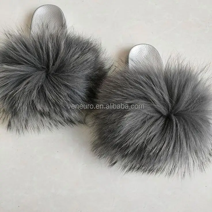 

2021 new arrived adult fashion fur sandals slippers custom furry slides slippers for women real raccoon Fur Slides, Customized color