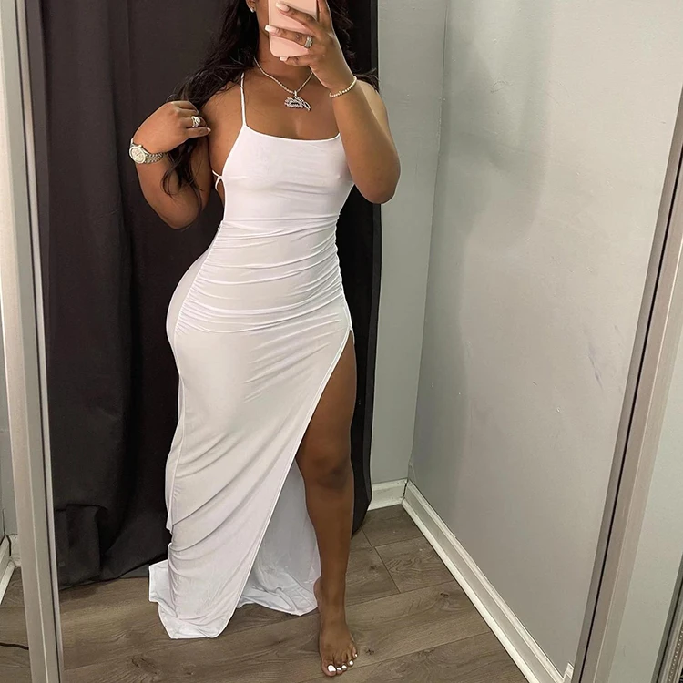 

Sexy Pure Backless Lace Up Maxi Dress Trendy Party Dress For Women Charming Elegant White Casual High Slit Ruched Cami Dresses, White,yellow,orange,black