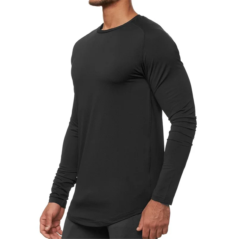 

Full sleeve t shirts in mens fasion workout fitness clothing curved hem oem service running t-shirts, Black white khaki or customized color