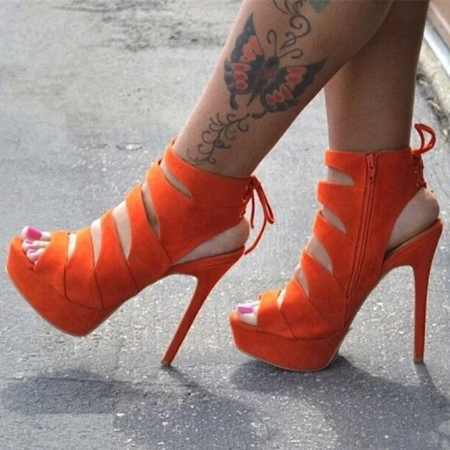 

Cut Out Upper Solid Platform Thin Heel Slingback Women Sandals Round Peep Toe Summer Ankle Boots For Lady Side Zip Big Size 47, Orange