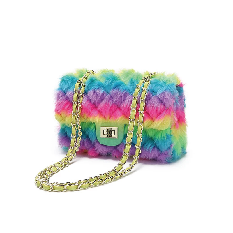 

Trendy Fashion Rainbow Chain Shoulder Bags Women Shoulder Custom Plush Shape Bag