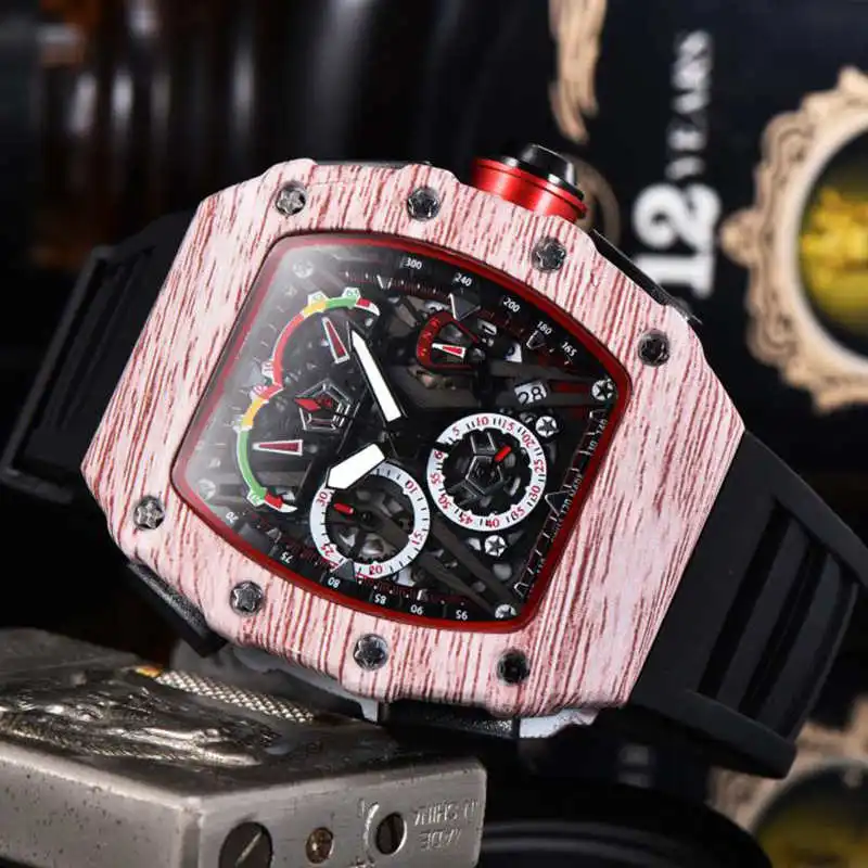 

Popular Multicolor Wood Grain Quartz Watches Relojes Rubber Strap Richard Watch Miller Luxury Mens Wrist Watches, 6 colors