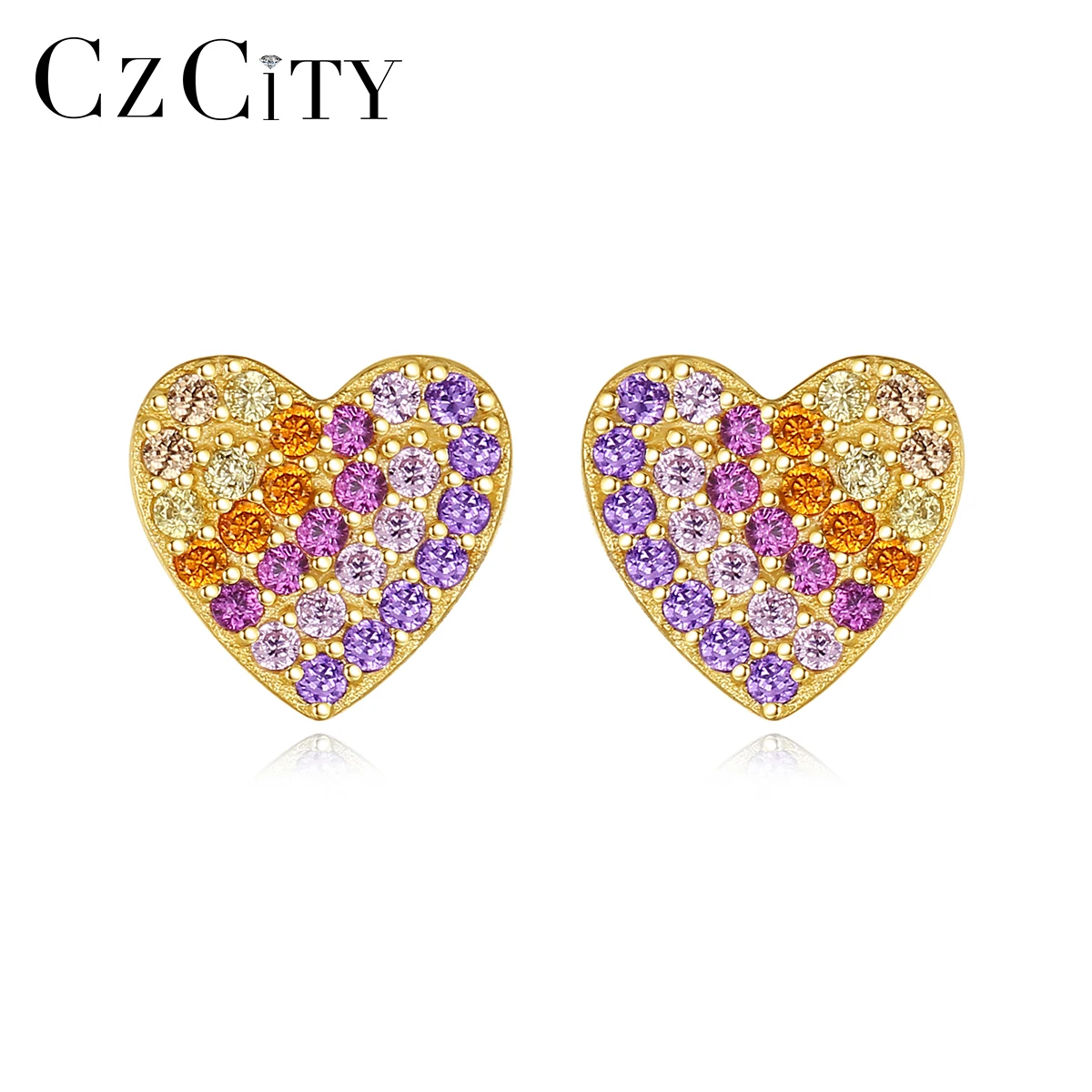 

CZCITY Tiny CZ Rainbow Color 14K Gold Plated Kids Heart Stud Earrings Women Fashion 925 Silver Earring