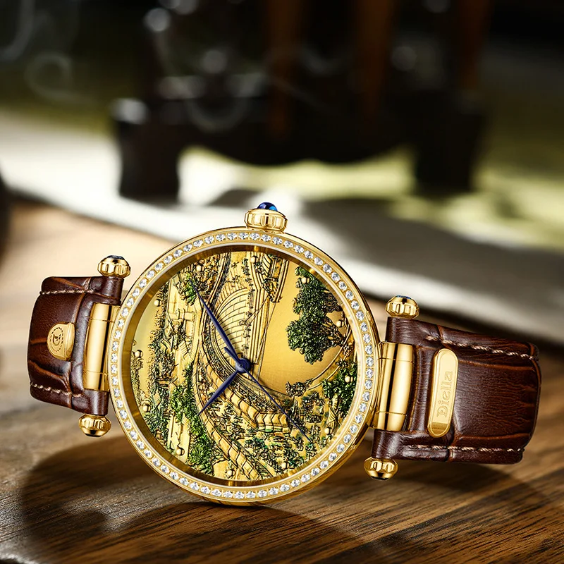 

Top Riverside Scenes Qingming Festival Jadeite Wrist Watches For Couple Luxury Jade Cowhide Automatic Mechanical Watches, Gold