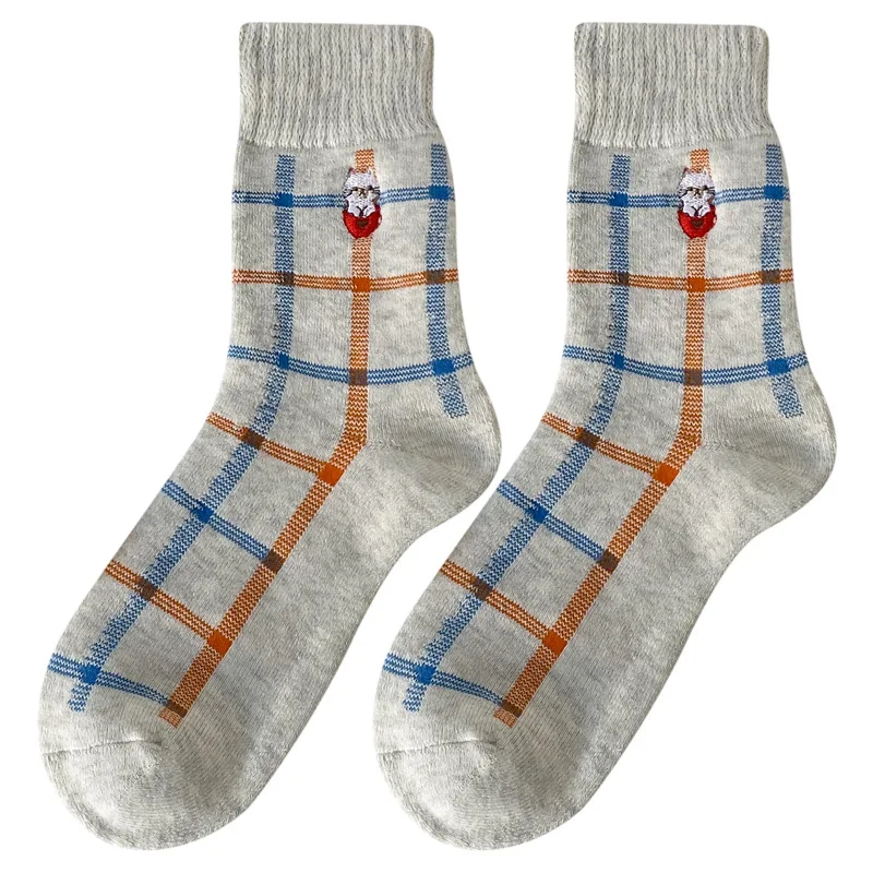 

Winter Embroidered Bear Plaid Tube Socks Female Thickened Plus Velvet Warm Terry Socks Japanese Cute Towel Socks