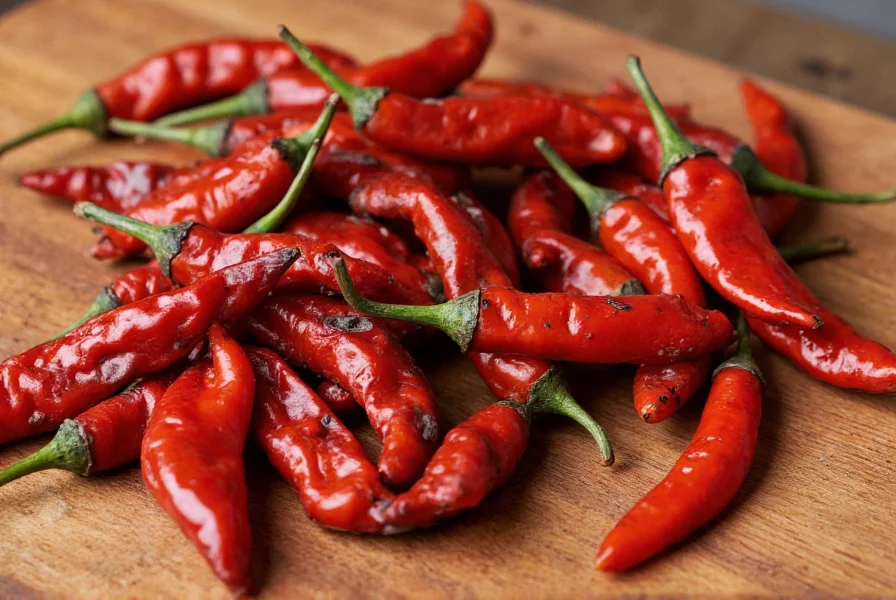 Close-up of various smoked chili peppers including chipotle, smoked guajillo, and smoked arbol arranged on wooden cutting board