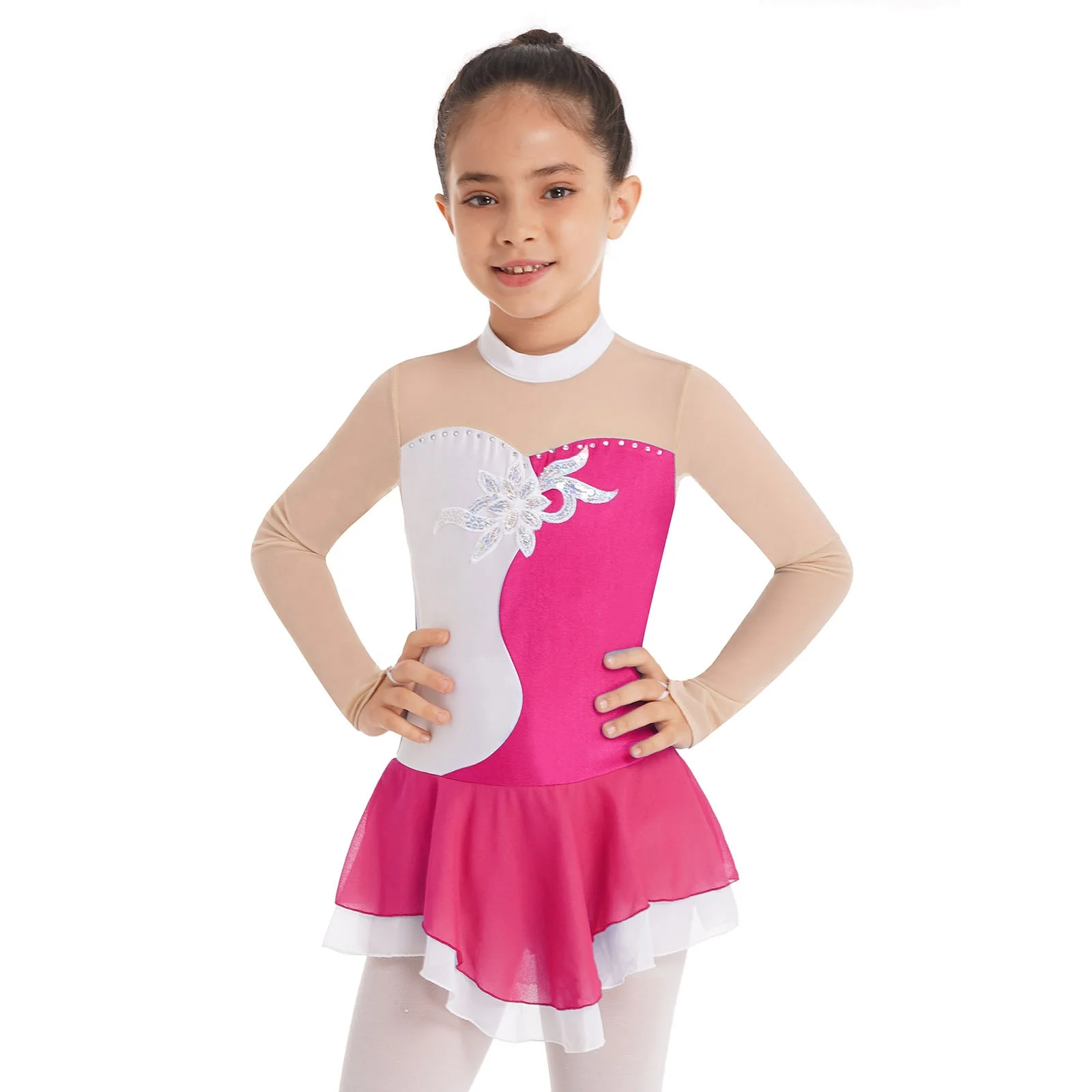 

Wholesale 6-16 Years Girls Long Sleeves Rhinestones Mesh Patchwork Gymnastics Skating Leotards Dress