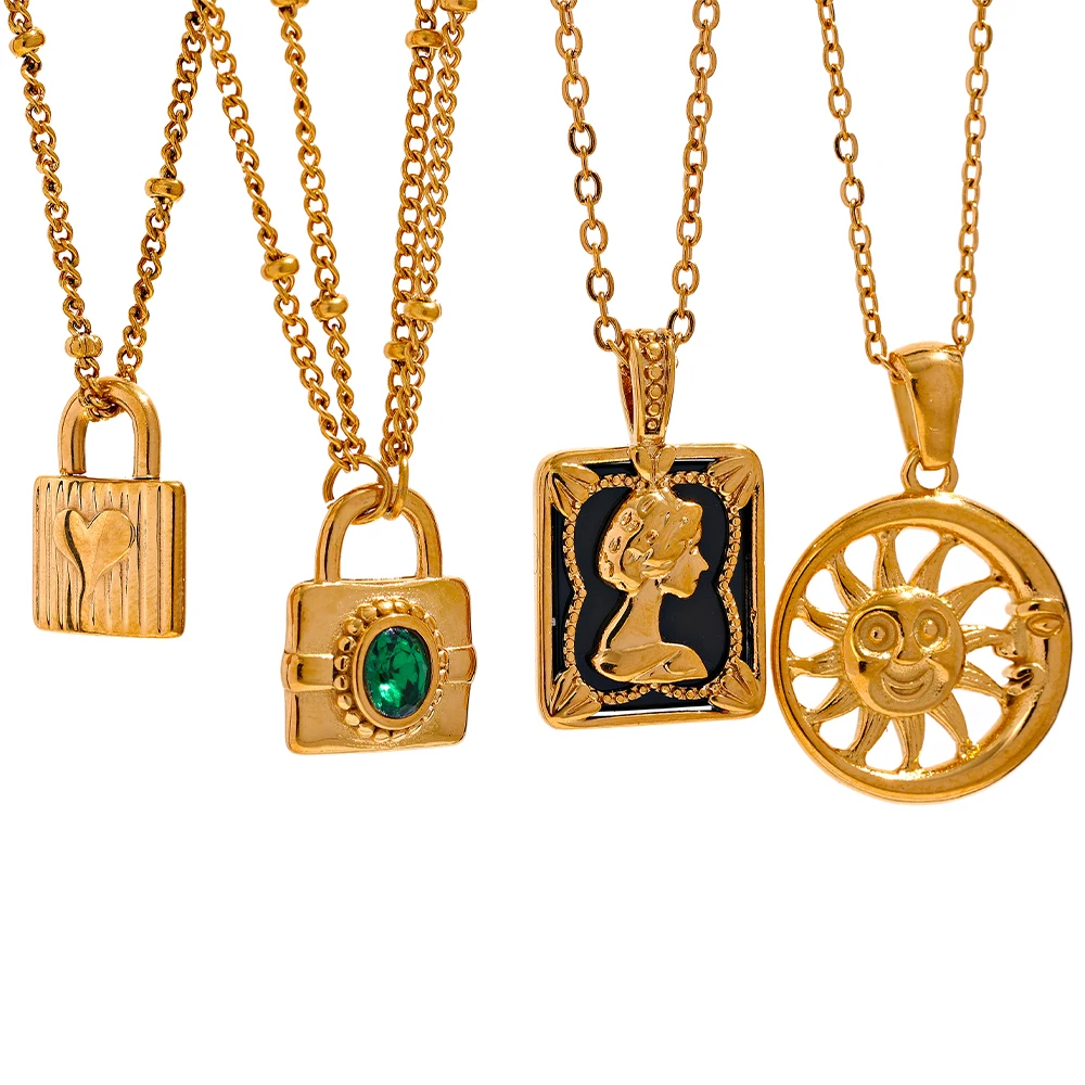 

JINYOU 1654 Waterproof 18K Gold Plated Stainless Steel Jewelry Portrait Zircon Lock Sun Fashion Pendant Necklace for Women