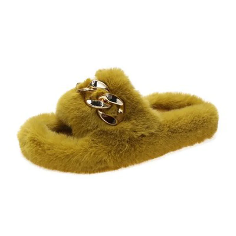 

2022 JOGHN Trendy Metal Chain Thick Bottom Wool Slippers For women Amazon Hot Sale Large Size All-match Flat Heel Warm Slippers