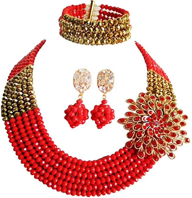 Nigeria Wedding African Lady Beads C-Chain Necklace Bracelet Earrings Party Jewelry Sets